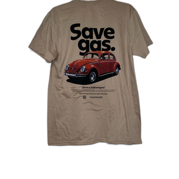New Official Volkswagen VW Beetle Bug Save Gas Men’s L Tan T-Shirt - Picture 1 of 3